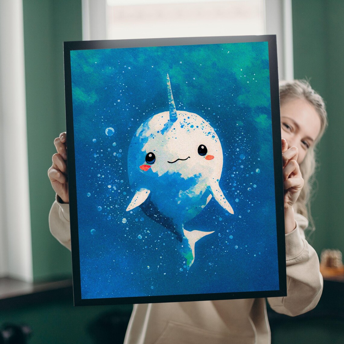 White Baby Narwhal Blue Ocean Nursery Kids Room Animal Wall Art