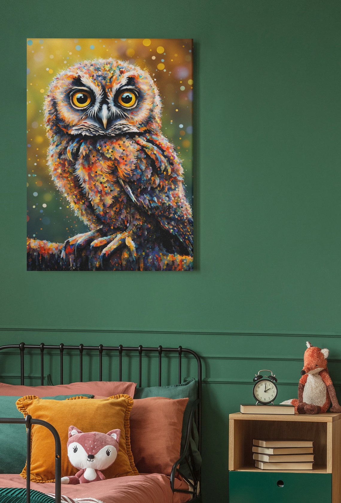Owl Portrait Big Amber Eyes Speckled Feathers Golden Dots Wall Poster - Image 4