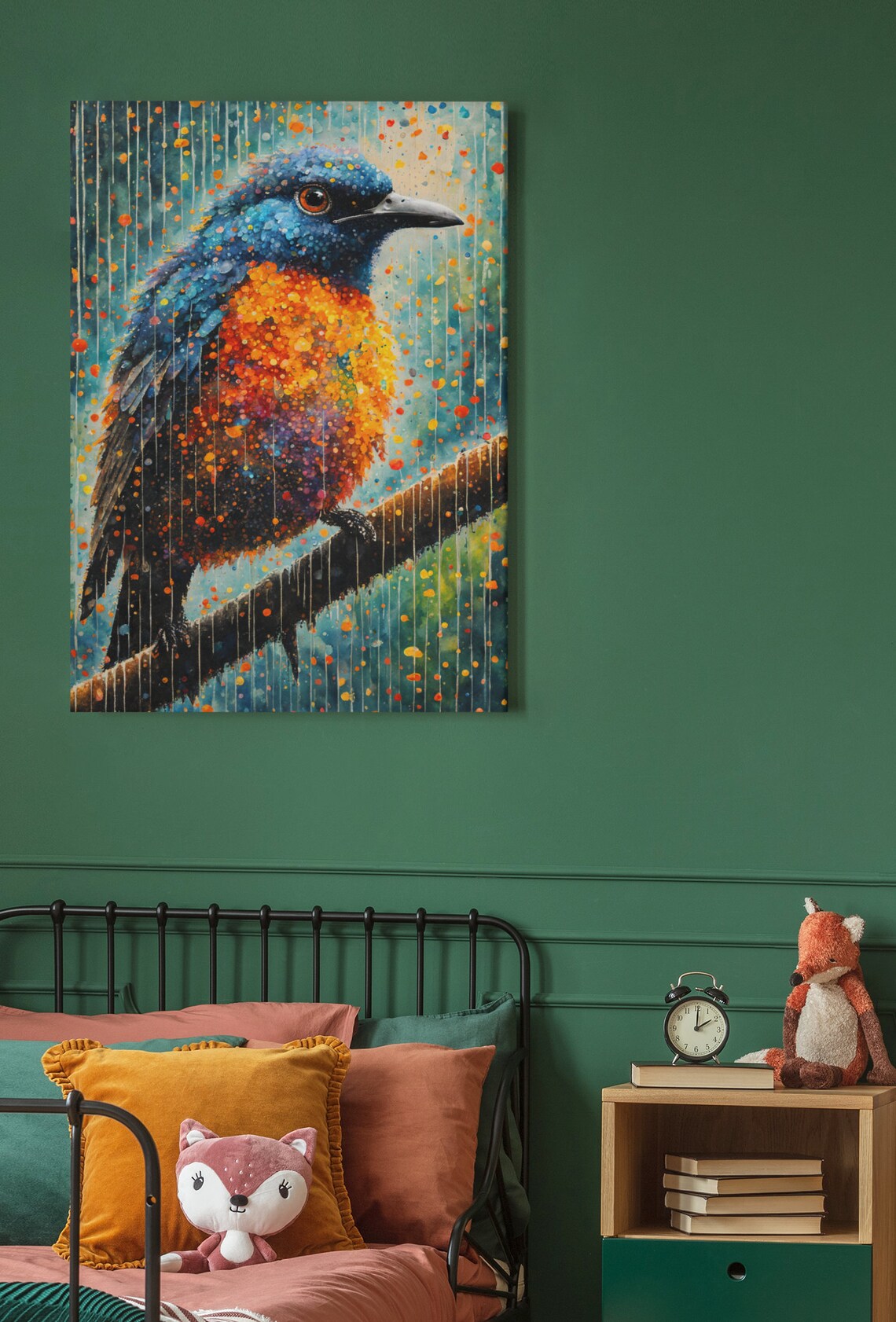 Blue Orange Bird Rain Branch Watercolor Dots Moody Wild Bird Art Print - Image 4