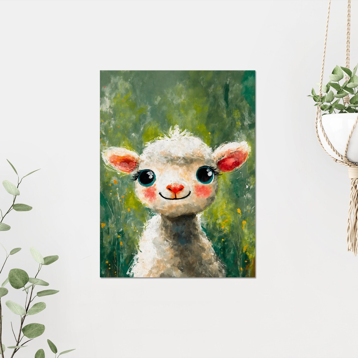 Adorable White Lamb Big Eyes Portrait Green Meadow Nursery Poster - Image 4