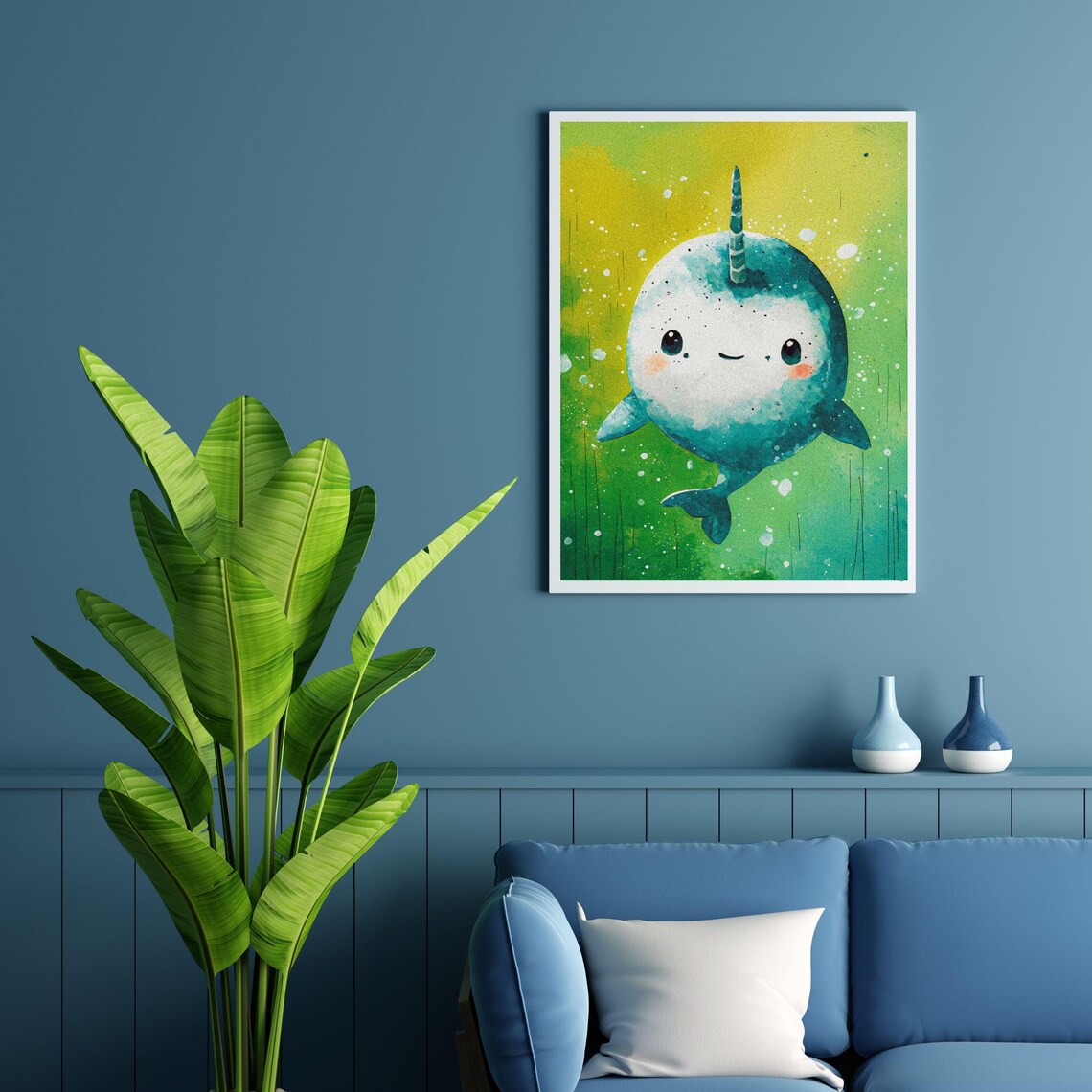 Smiling Baby Narwhal Teal Splatter Ocean Animal Nursery Wall Art - Image 4