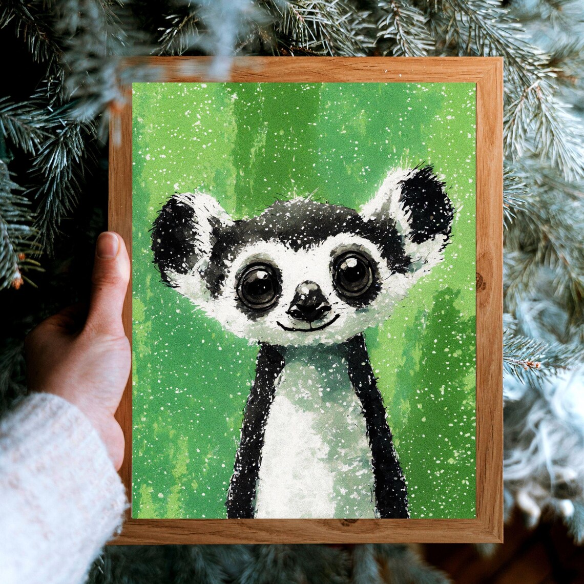 Cute Baby Lemur Big Eyes Green Splatter Nursery Animal Wall Art - Image 8