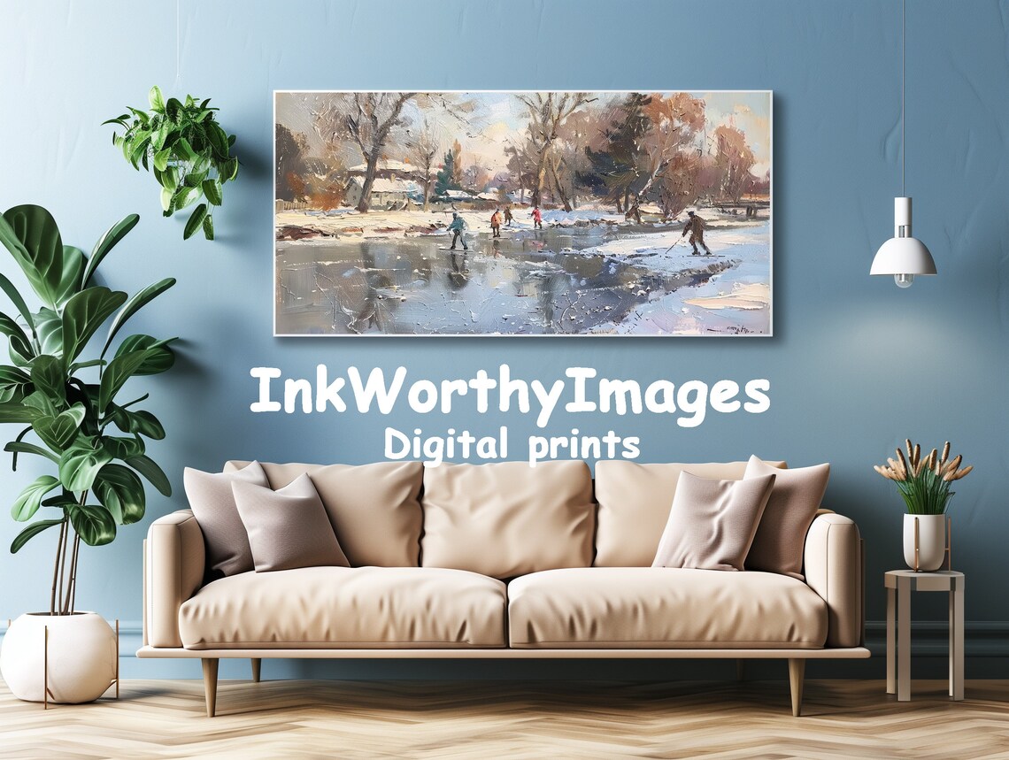 Winter Skating Scene, Snowy Village Landscape - Image 4