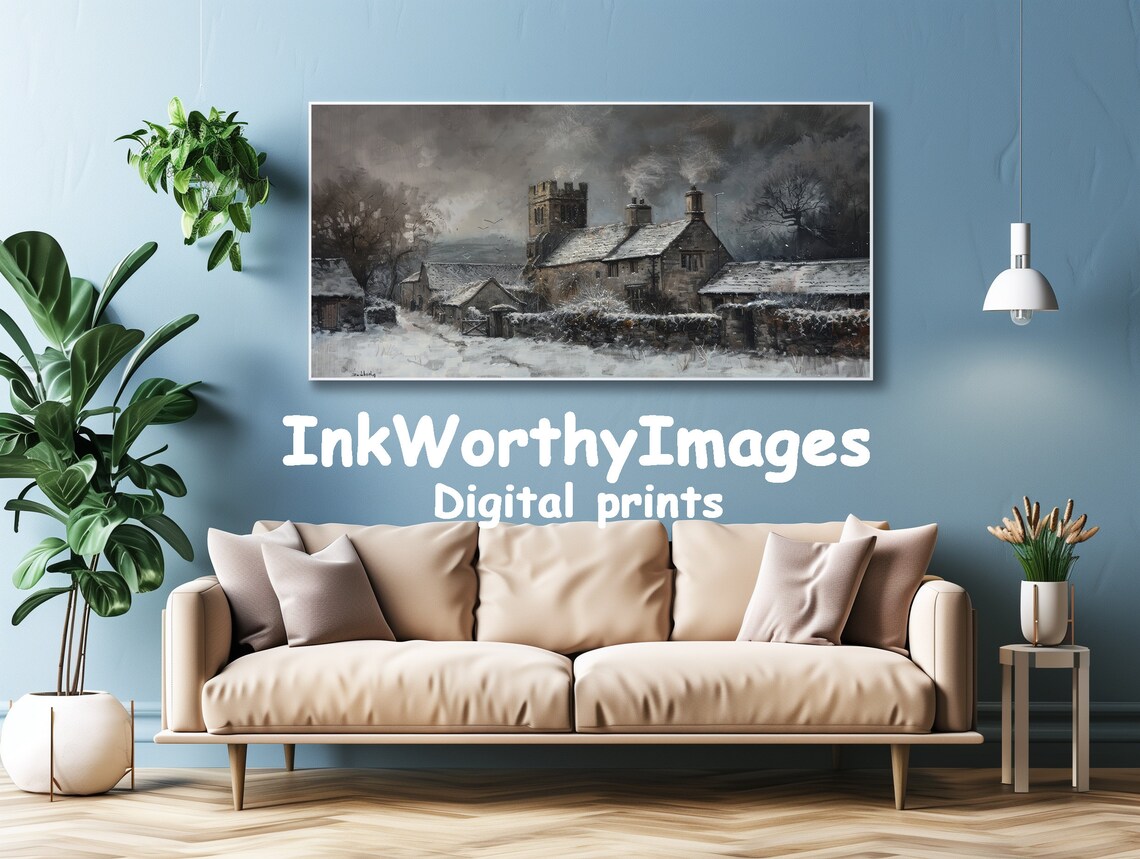 Snowy Village Church Painting, Gothic Winter Scene - Image 4