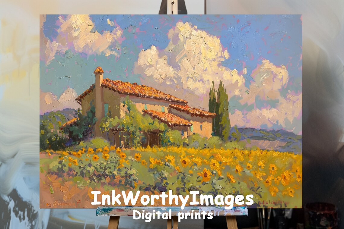Sunflower Field Cottage, Rustic Landscape Painting