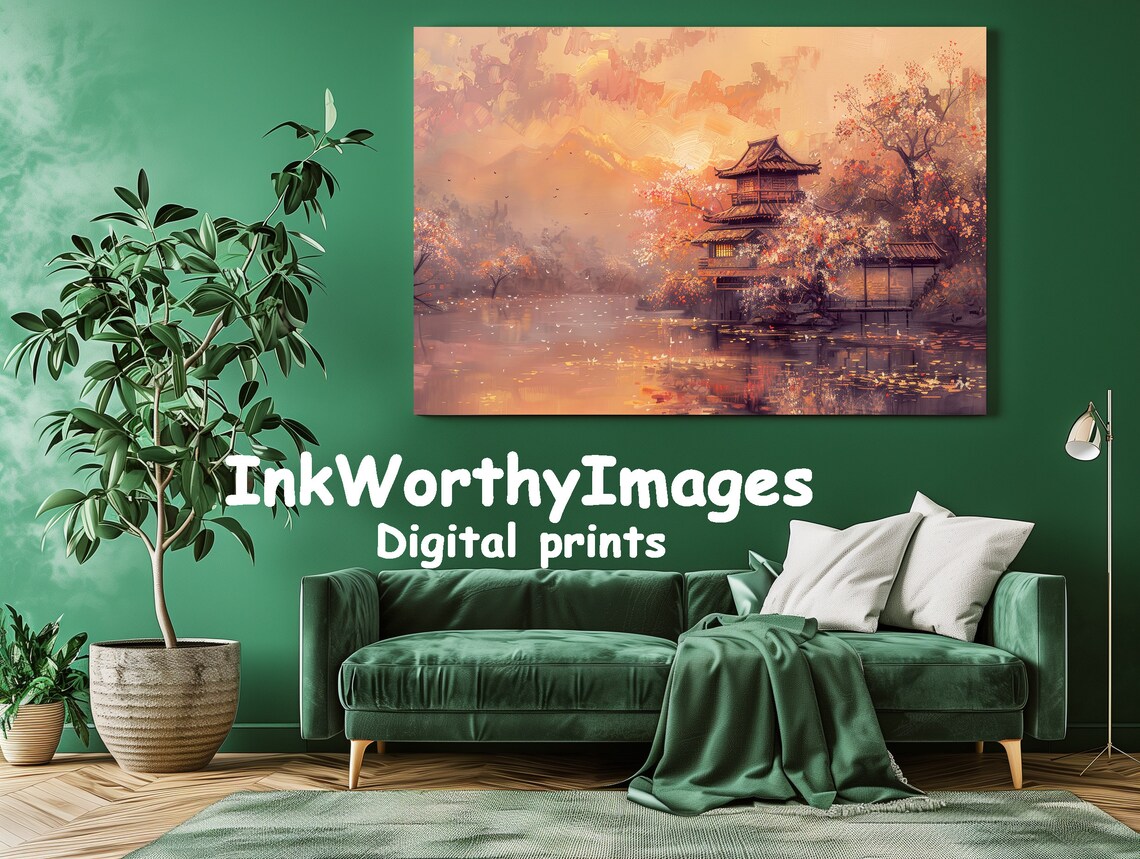 Japanese Pagoda At Sunset, Autumn Lake Landscape Art - Image 3