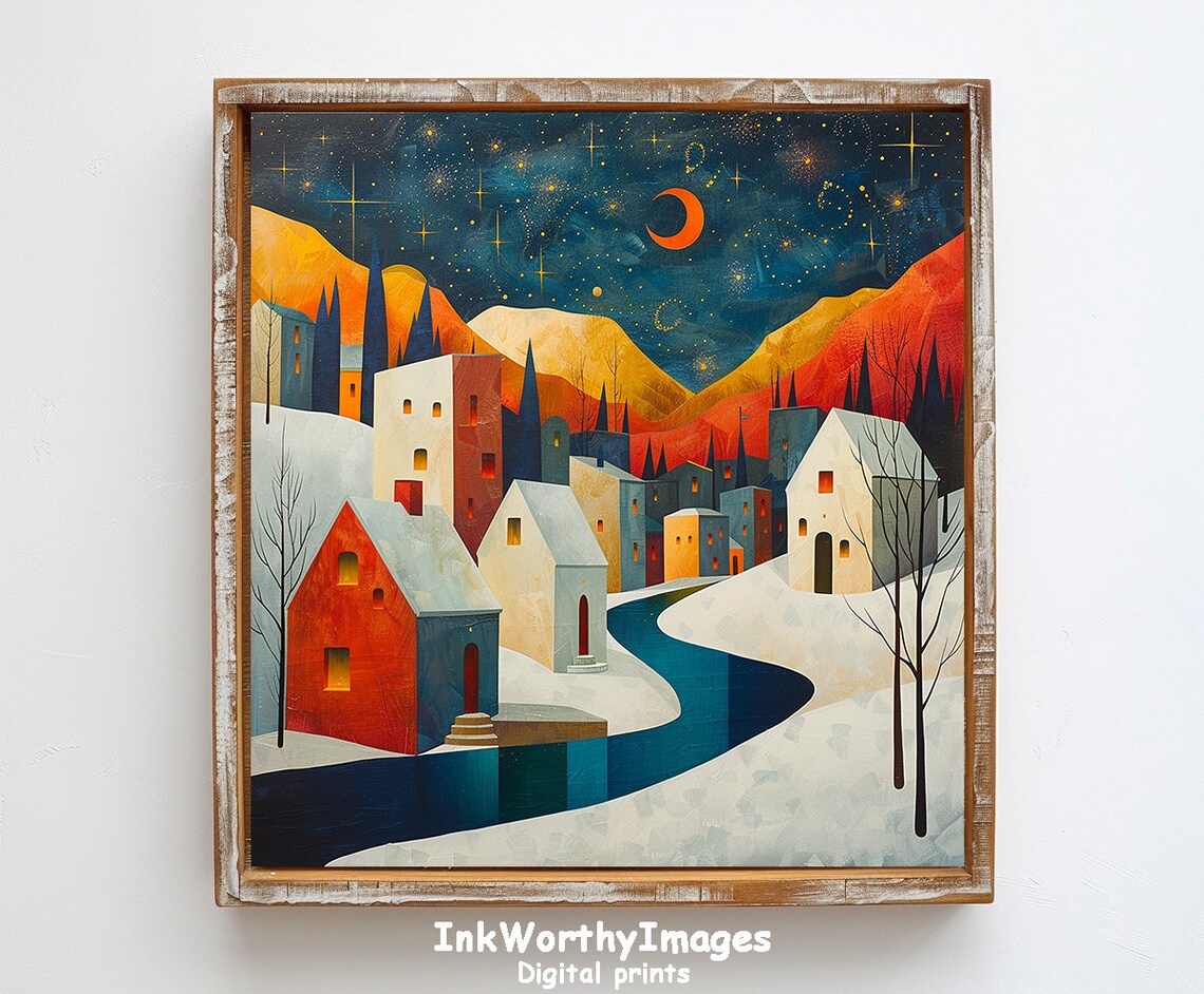 Starry Night Village, Whimsical Winter Townscape Art Print - Image 6