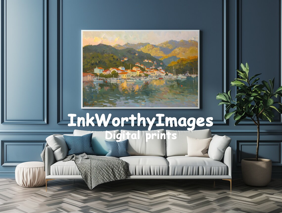 Mediterranean Harbor Village, Impressionist Landscape Art - Image 4