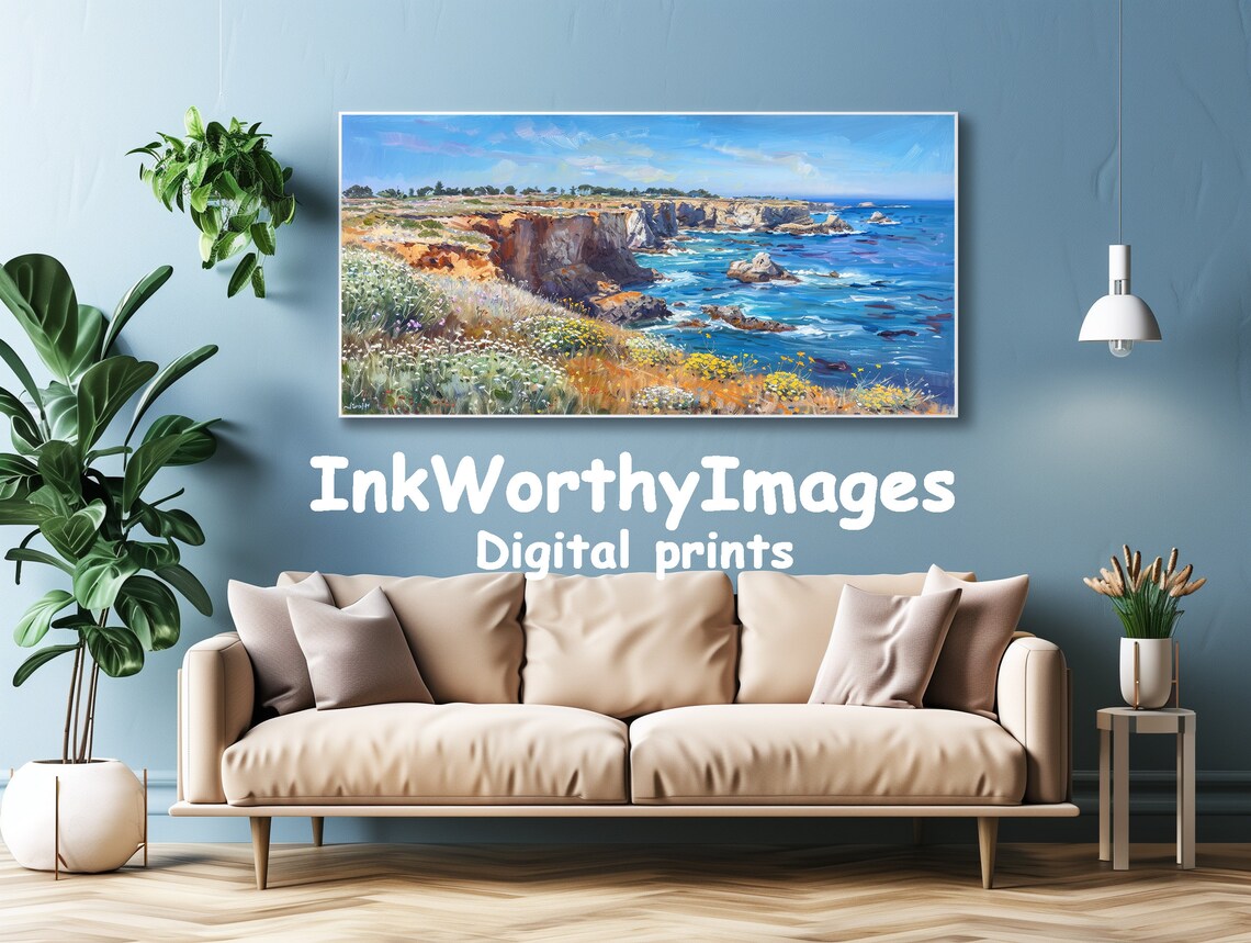 Majestic Coastal Cliffs Wildflowers Meadow Art Print - Image 4