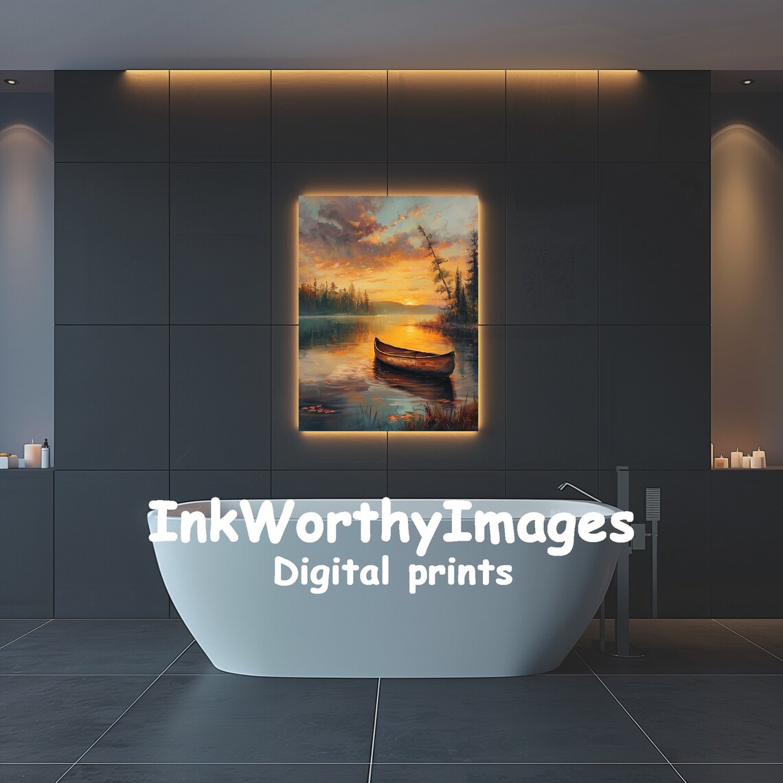 Sunset Canoe On Lake, Tranquil Nature Scene - Image 3
