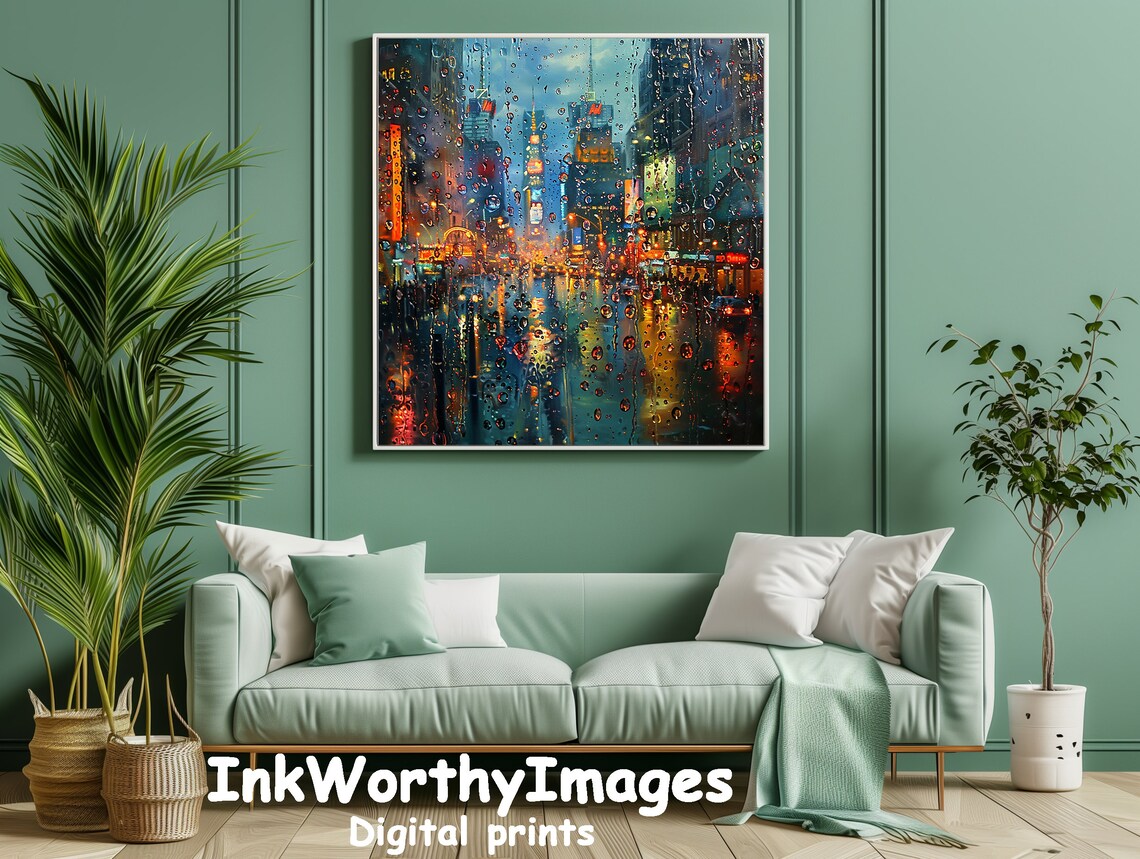 Rainy City Night Lights, Urban Streetscape Wall Art - Image 5