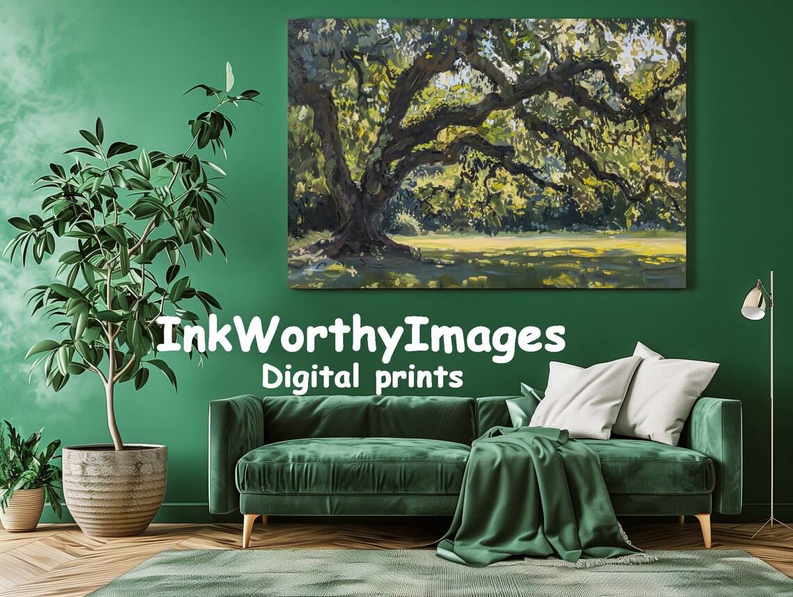 Majestic Oak Tree, Sunlit Forest Scene Art Print - Image 2
