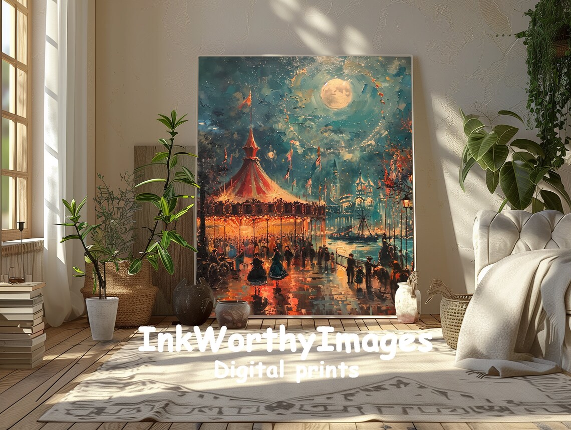 Magical Moonlit Carnival Scene, Vintage Fairground Art - Image 5