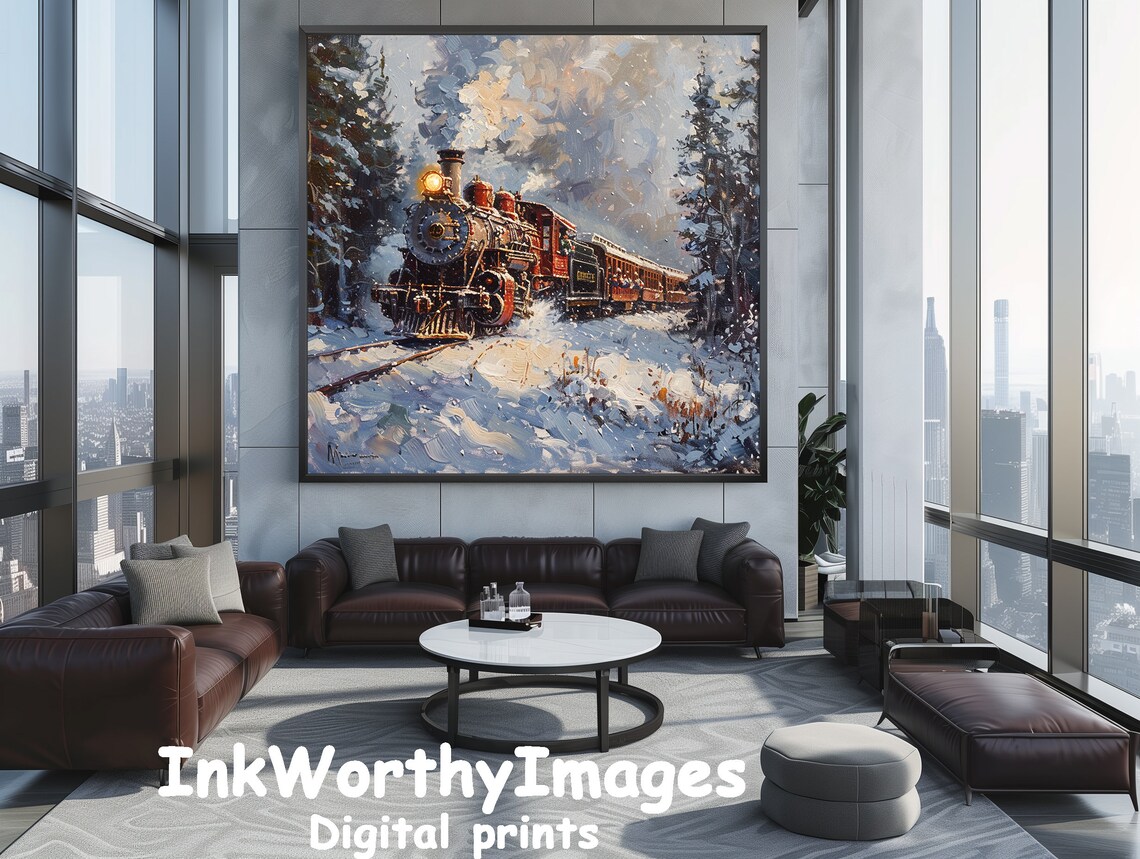 Winter Train Scene, Vintage Steam Locomotive Decor - Image 5