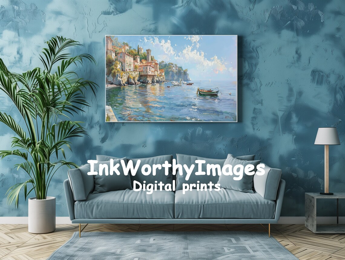 Mediterranean Coastal Village, Serene Harbor View Art Print - Image 2