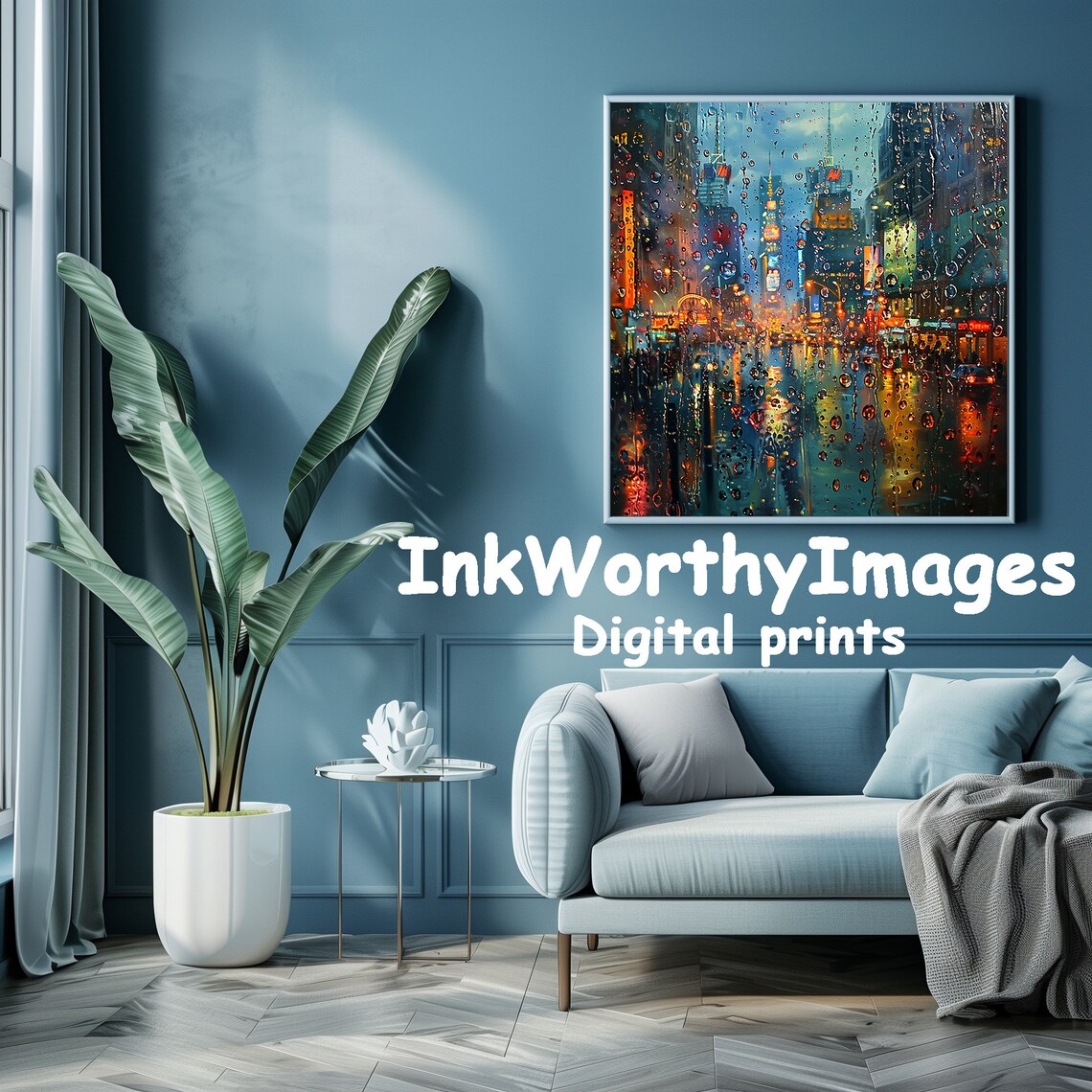 Rainy City Night Lights, Urban Streetscape Wall Art - Image 3