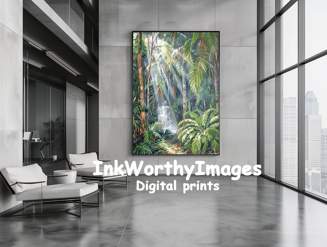 Sunlit Tropical Jungle Waterfall, Rainforest Art Print - Image 6