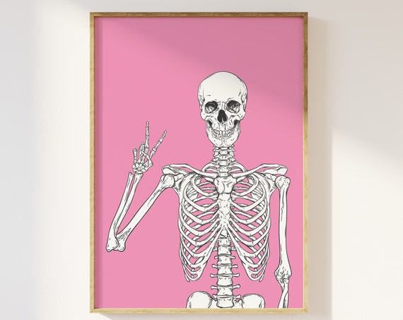 Skeleton Print Art Cute Pink Halloween Wall Decor Trendy Halloween Wall Art Spooky Season Poster