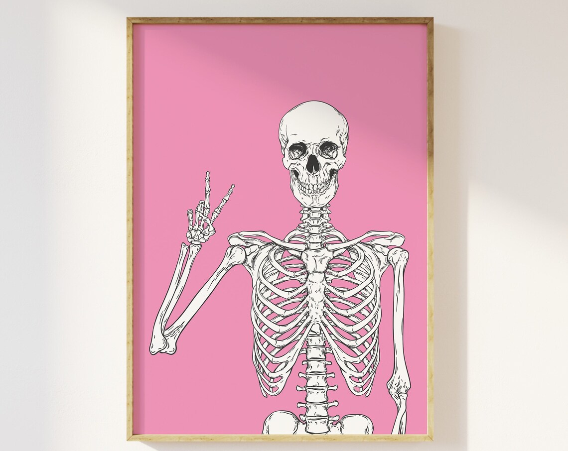Gothic Skeleton Peace Sign Pink Background Halloween Art Poster