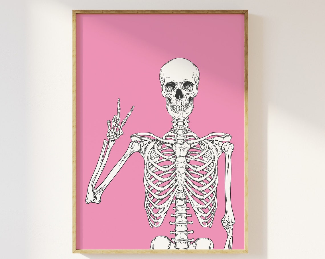 Skeleton Print Art Cute Pink Halloween Wall Decor Trendy Halloween Wall Art Spooky Season Poster