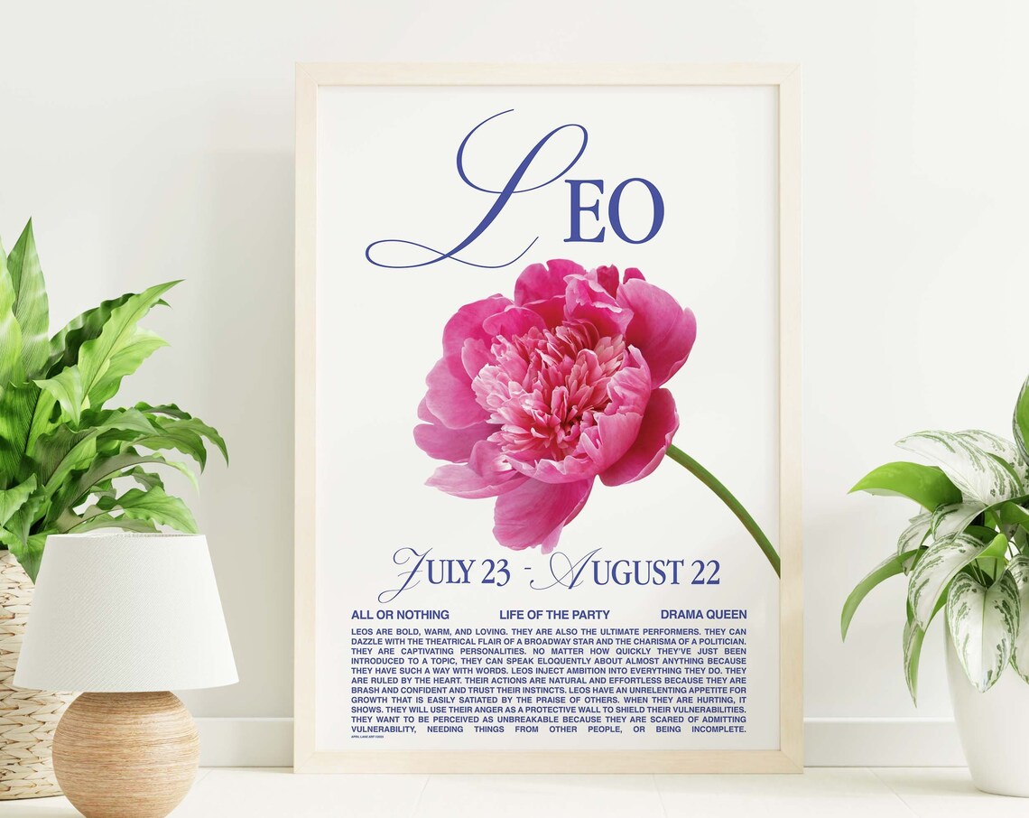 Leo Zodiac Sign Peony Flower Retro Astrology Star Sign Personality Poster