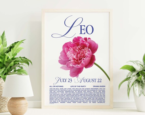 Leo Zodiac Sign Peony Flower Retro Astrology Star Sign Personality Poster