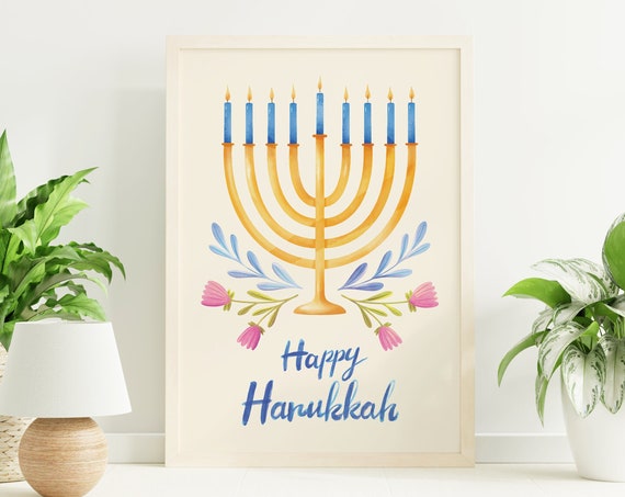 Happy Hanukkah Print Art Cute Watercolor Menorah Illustration Art Blue Jewish Holiday Wall Decorations
