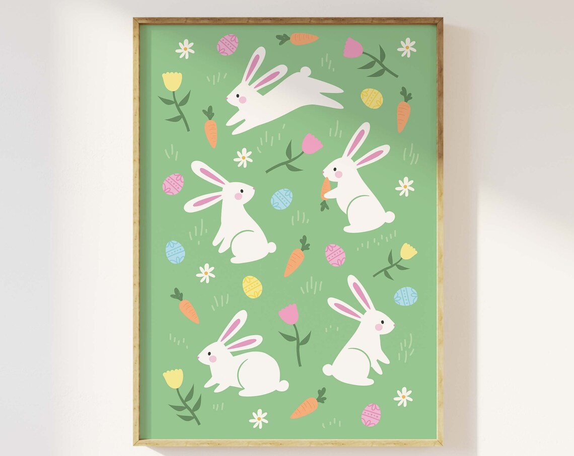 Easter Bunnies Pattern Green Carrots Tulips Cute Nursery Art Poster