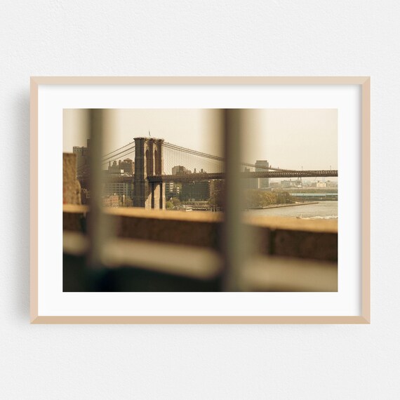 Brooklyn Bridge In Golden Haze Through Railing Photo Art Print