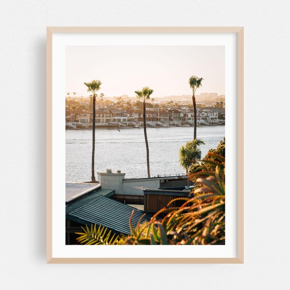 Newport Beach Harbor Sunset Palm Trees Waterfront Photography Art Poster