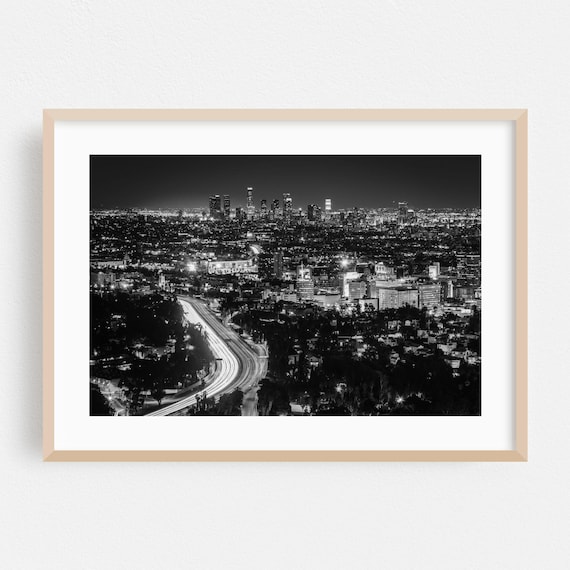 Los Angeles Night Skyline Black and White Cityscape Photo Poster