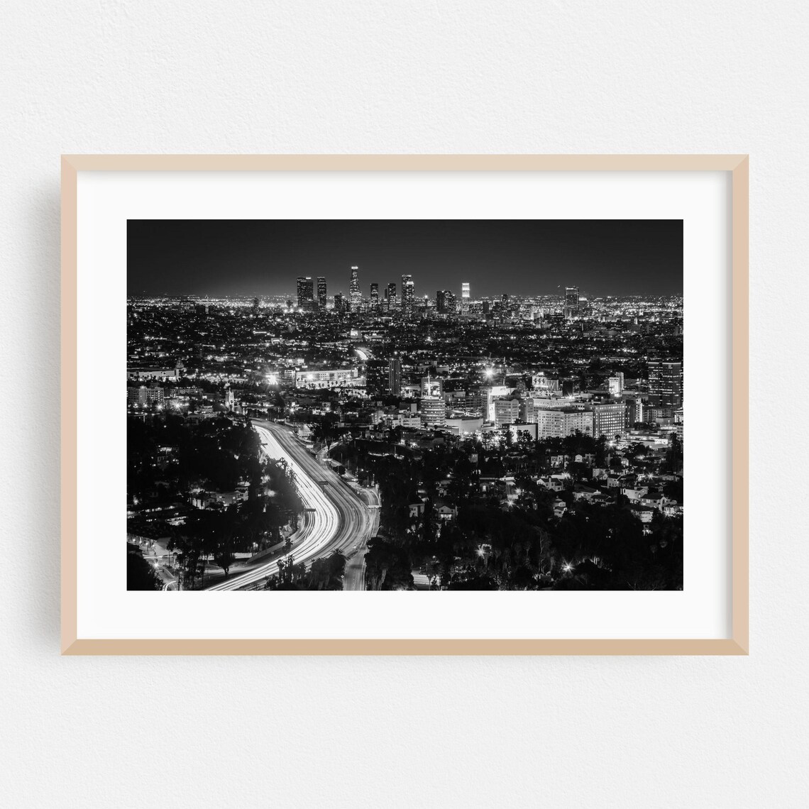 Los Angeles Night Skyline Black and White Cityscape Photo Poster
