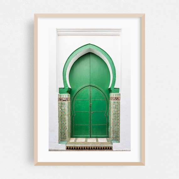 Asilah Morocco Green Wooden Door With Arabic Calligraphy Mosaic Travel Poster