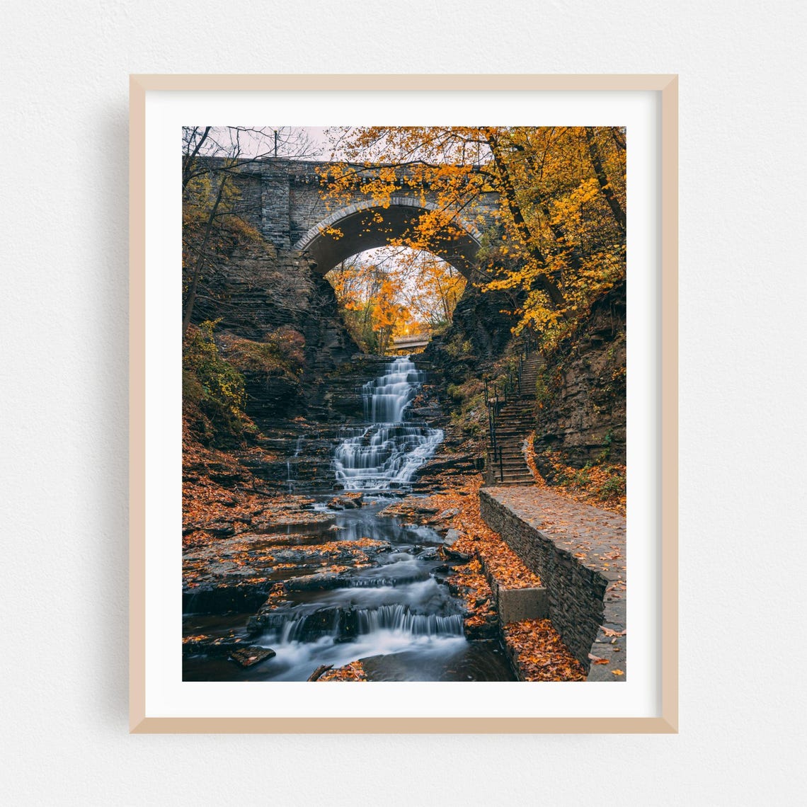 Ithaca Waterfall Autumn Stone Bridge Gorge Fall Foliage Wall Art