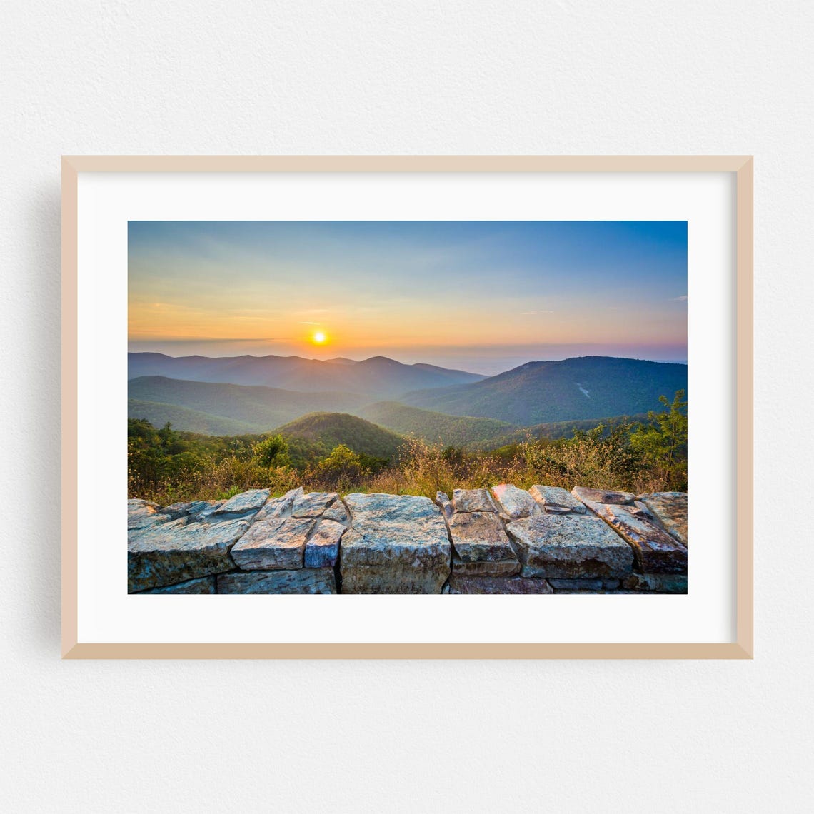 Blue Ridge Mountain Sunrise from Rustic Stone Overlook View Poster