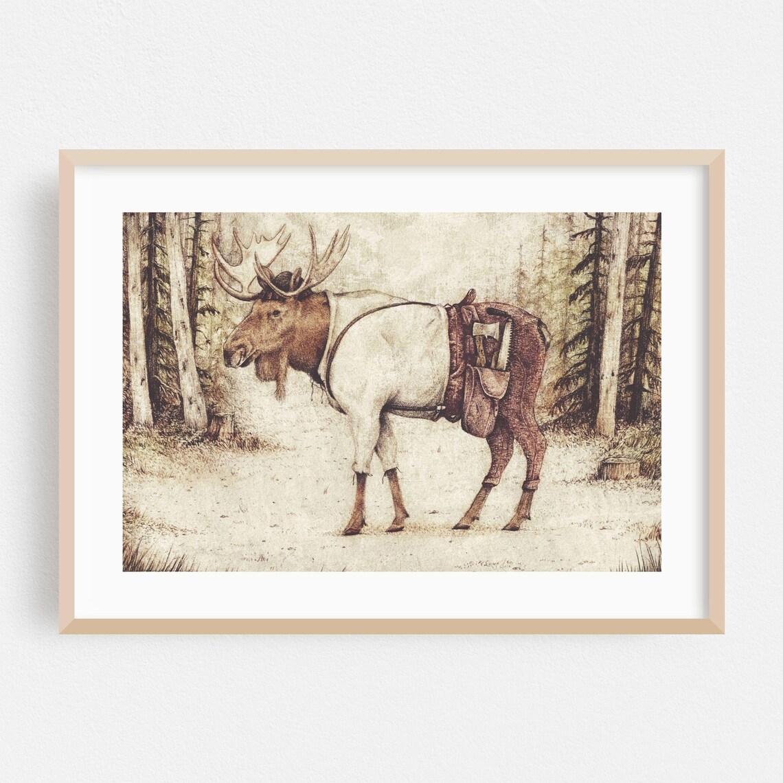 Lumberjack Moose in Forest Vintage Woodland Illustration Poster