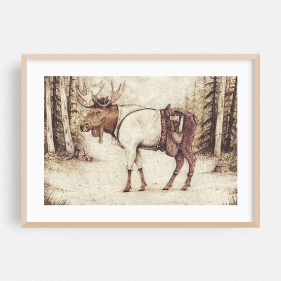 Surrealism Print Humor Wall Art Forest Framed Nature Home Decor Fantasy Poster Rustic Fine Vintage Drawing Lumberjack Season