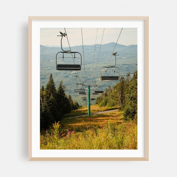 Empty Ski Lift Chairs Over Green Summer Mountain Slopes Poster