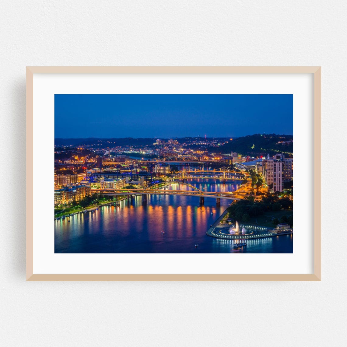 Pittsburgh Skyline at Night River Bridges City Lights Poster
