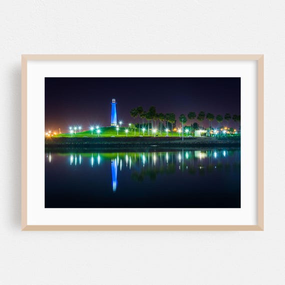 Long Beach Print Wall Art Lighthouse Framed Night Sky Home Decor Harbor Poster Tropical Fine Palm Tree Scenic