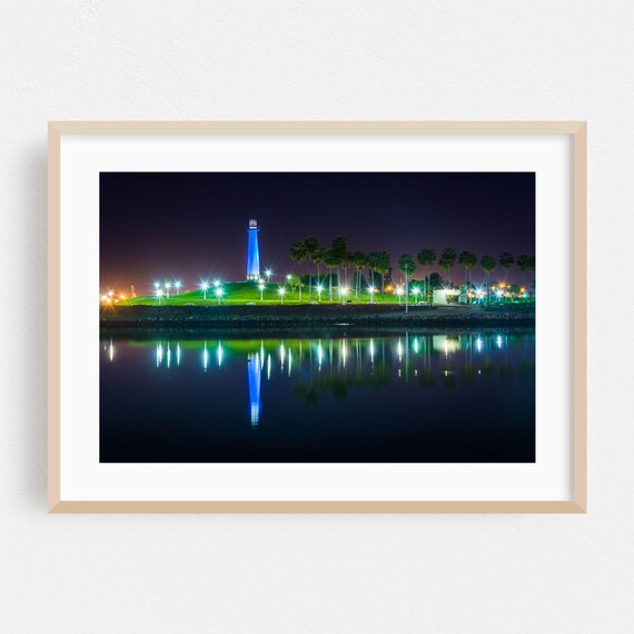 Night Lighthouse Palms Water Reflections Tropical Harbor Poster