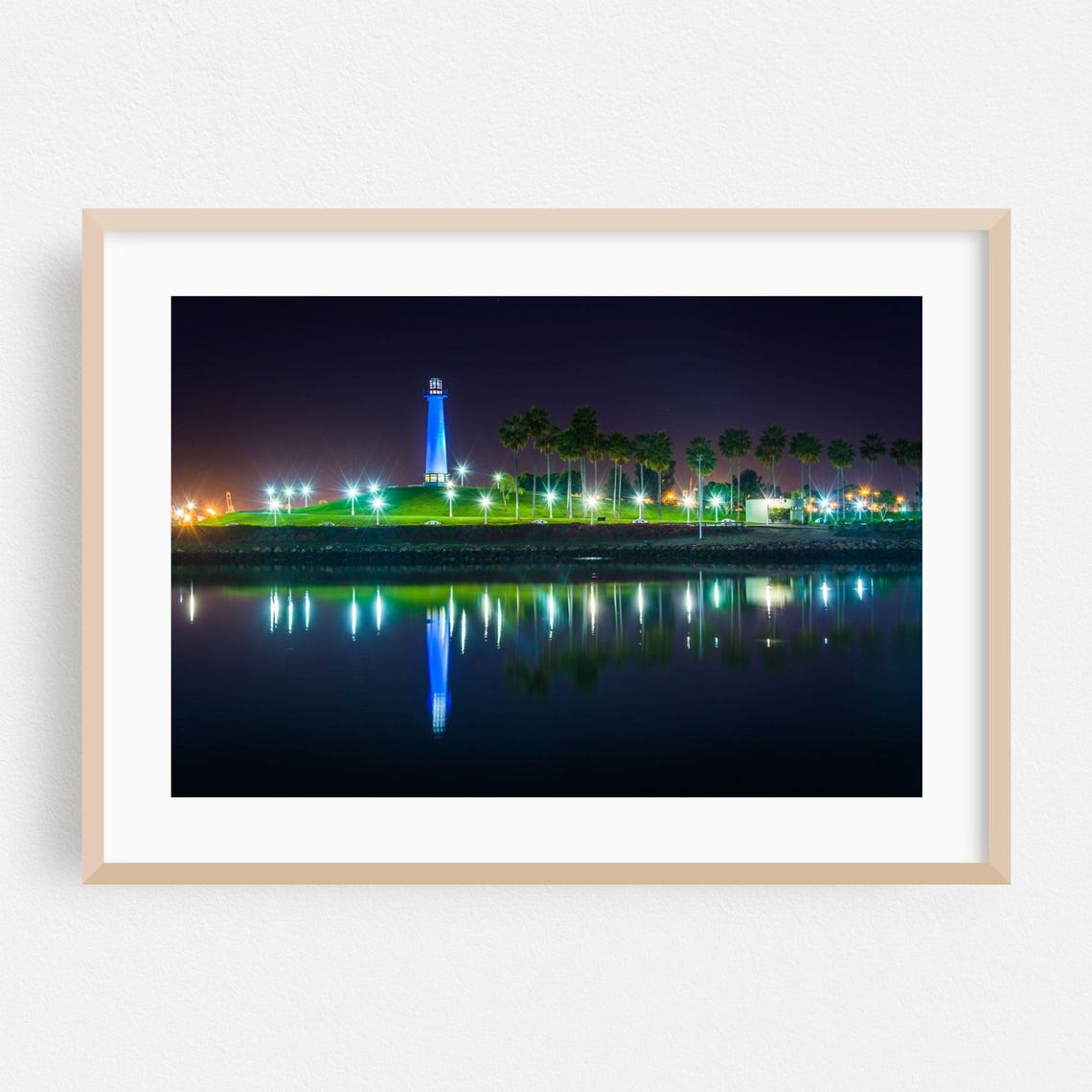 Night Lighthouse Palms Water Reflections Tropical Harbor Poster