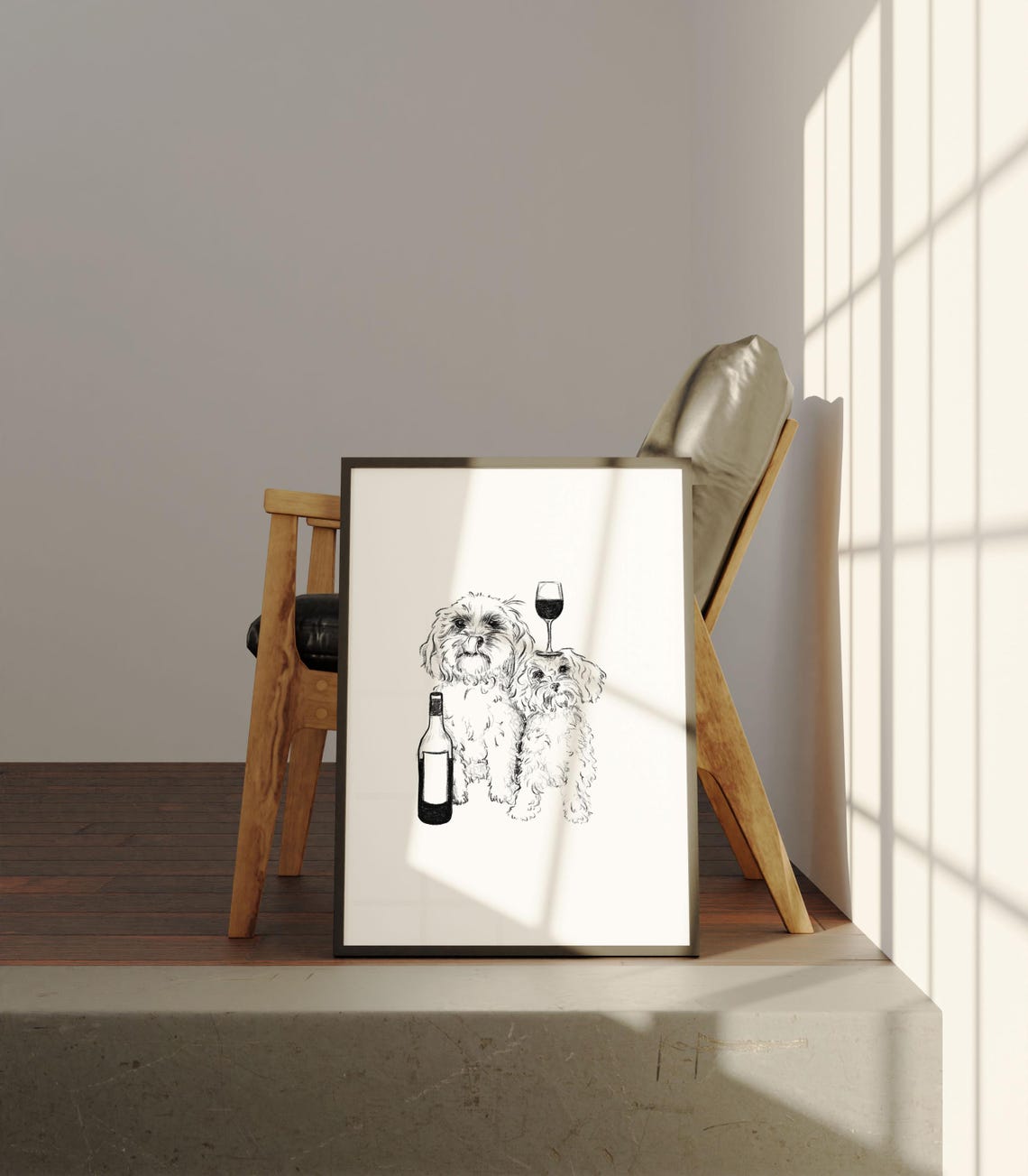Cavapoo Dogs And Wine Drawing, Art Print - Image 3