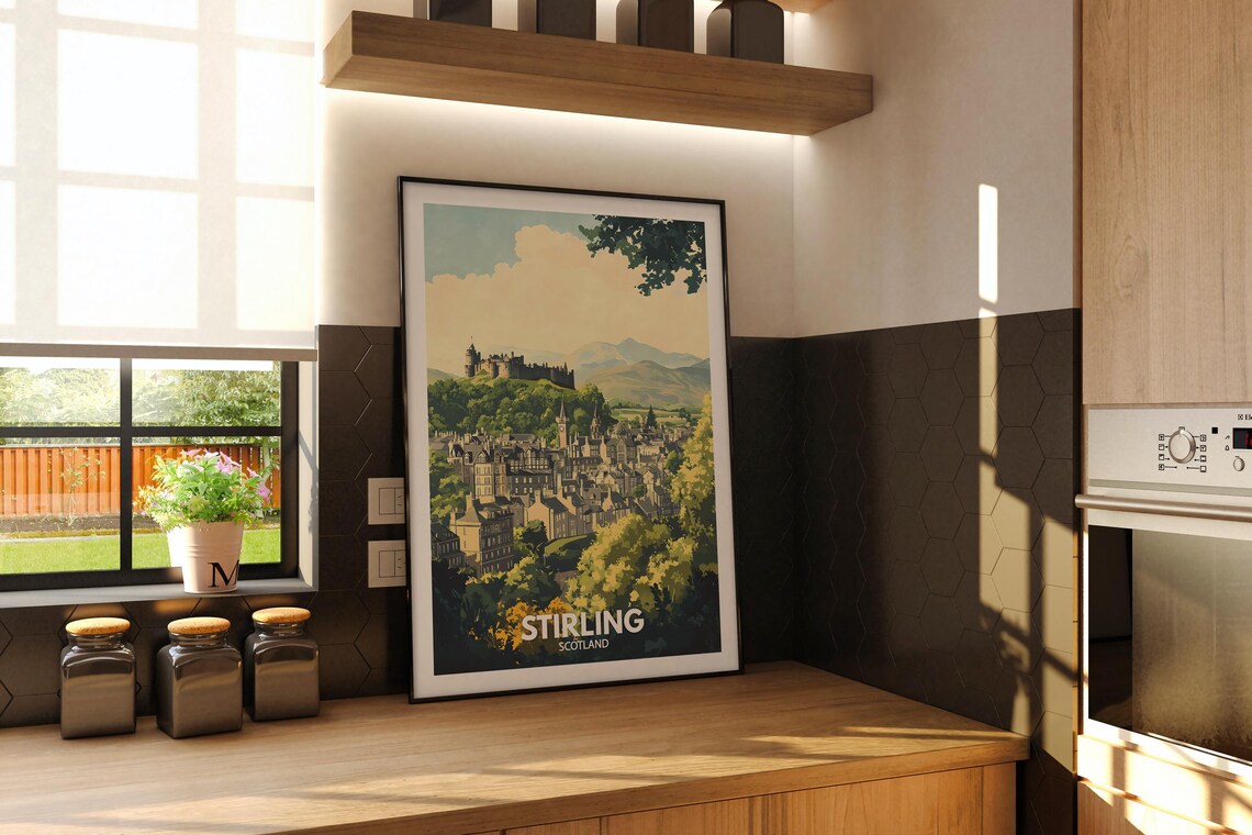Stirling Scotland Castle Hill Town View Retro Vintage Travel Poster - Image 2