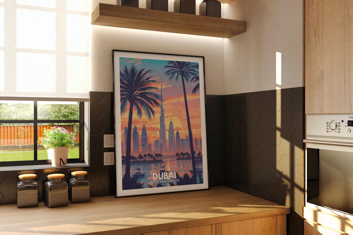 Dubai UAE Sunset Skyline Palm Trees Waterfront Travel Poster - Image 2