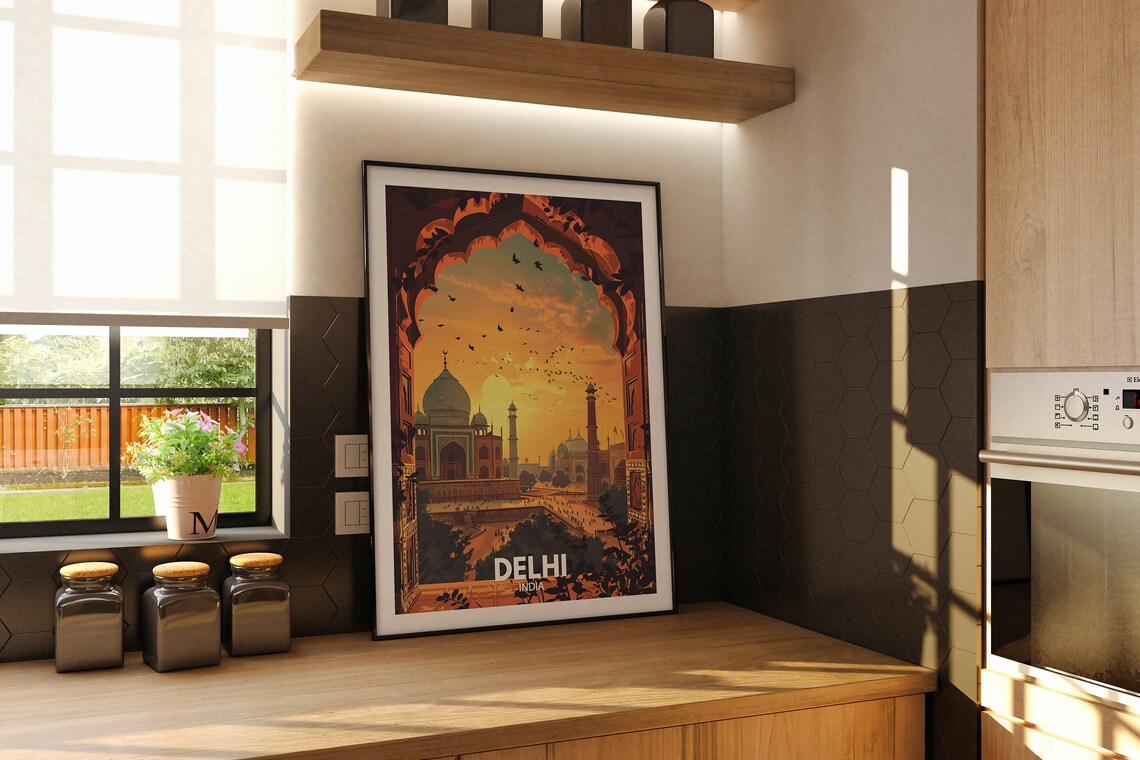Delhi India Sunset Arch Red Sandstone Mughal Vintage Travel Poster - Image 2