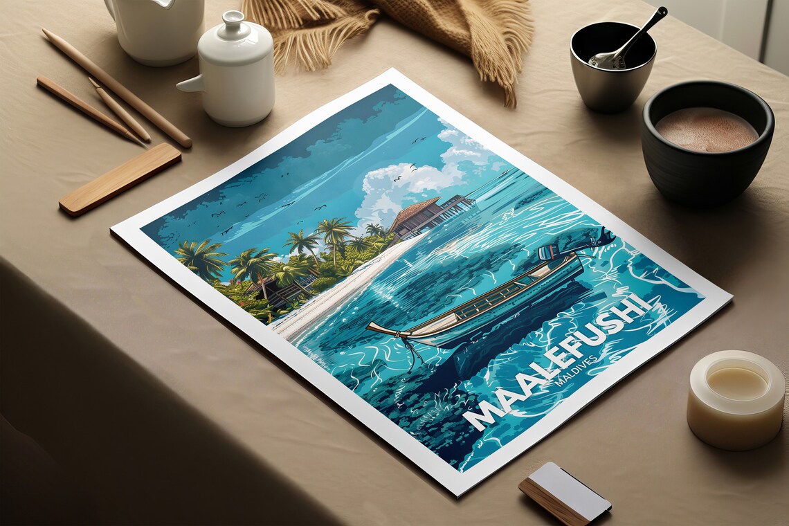 Maalefushi Maldives Overwater Hut Turquoise Lagoon Travel Poster - Image 2