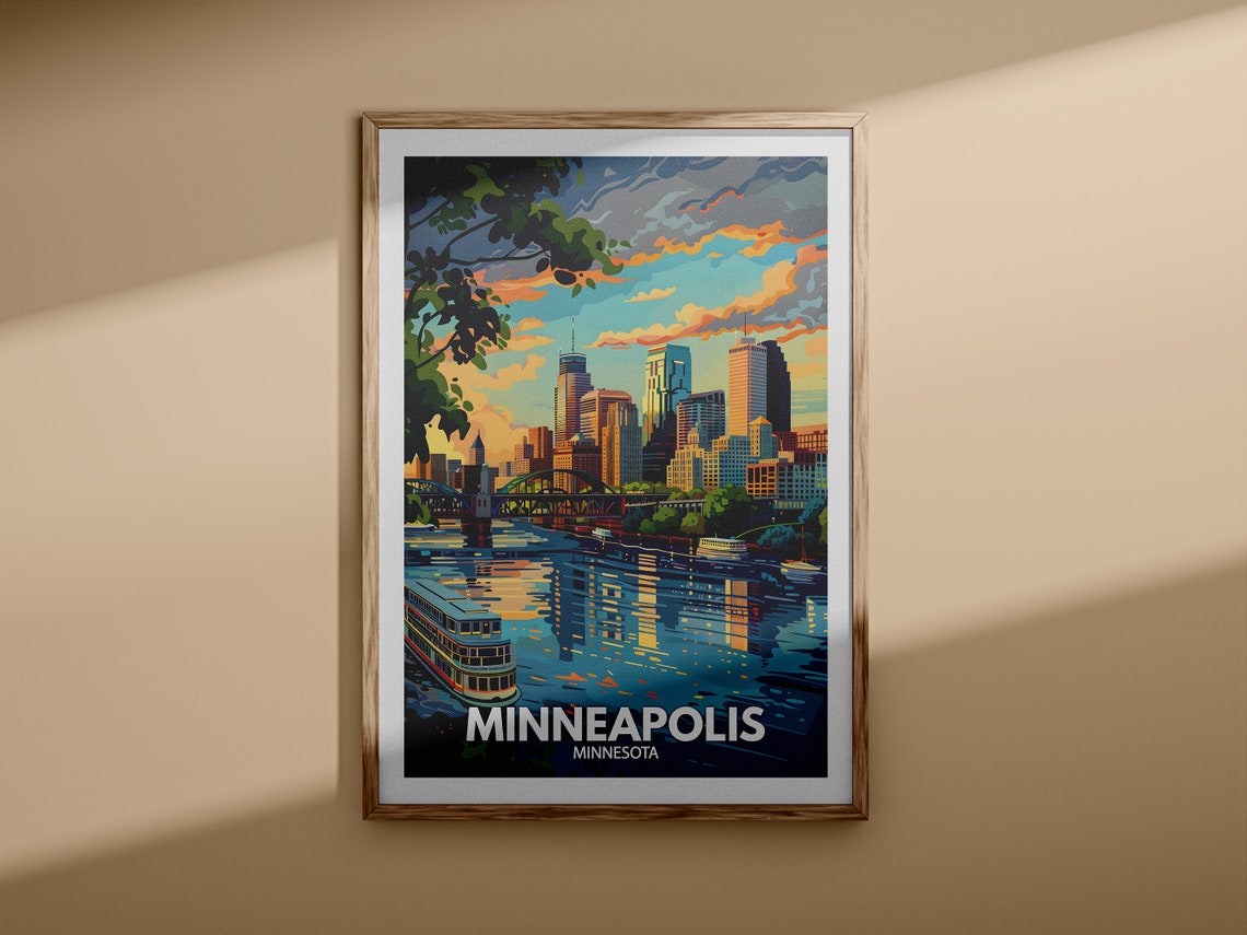 Minneapolis Minnesota River Skyline Travel Poster Vintage Sunset View - Image 3