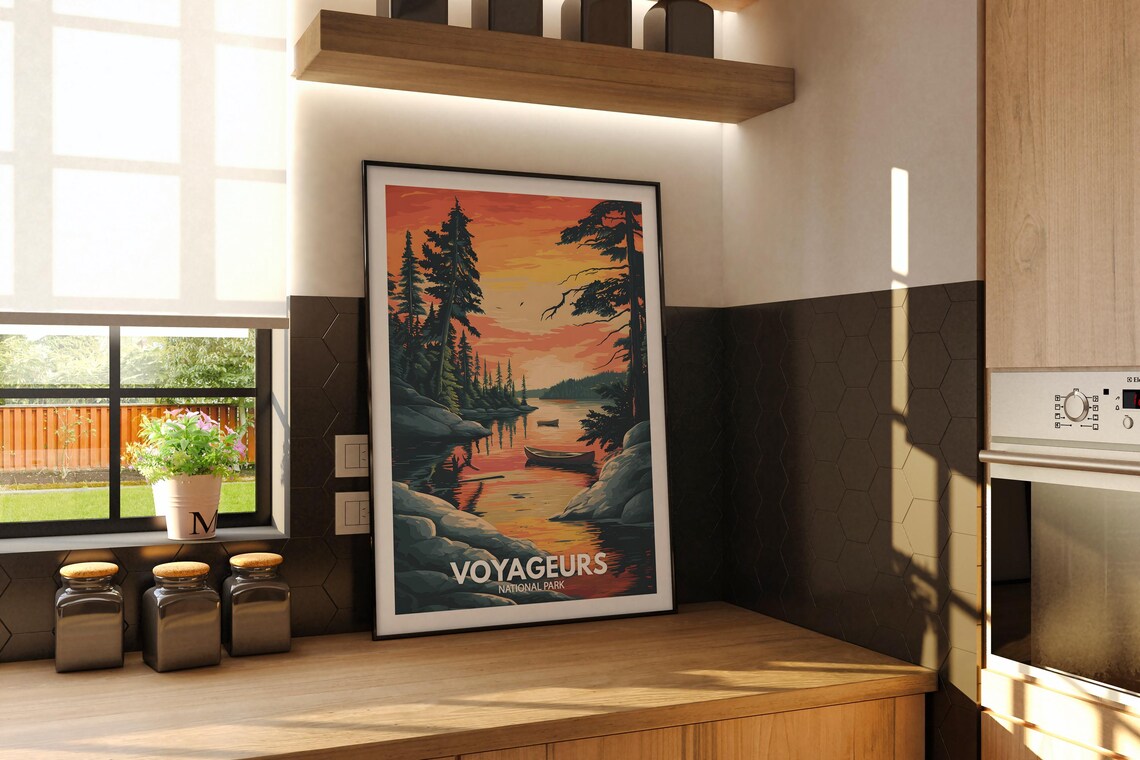 Voyageurs National Park Lake Sunset Canoe Vintage Travel Poster - Image 2