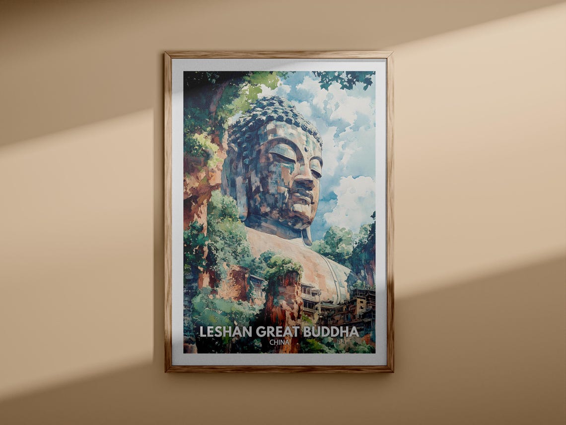 Leshan Great Buddha China Giant Stone Buddha Face Watercolor Poster - Image 3